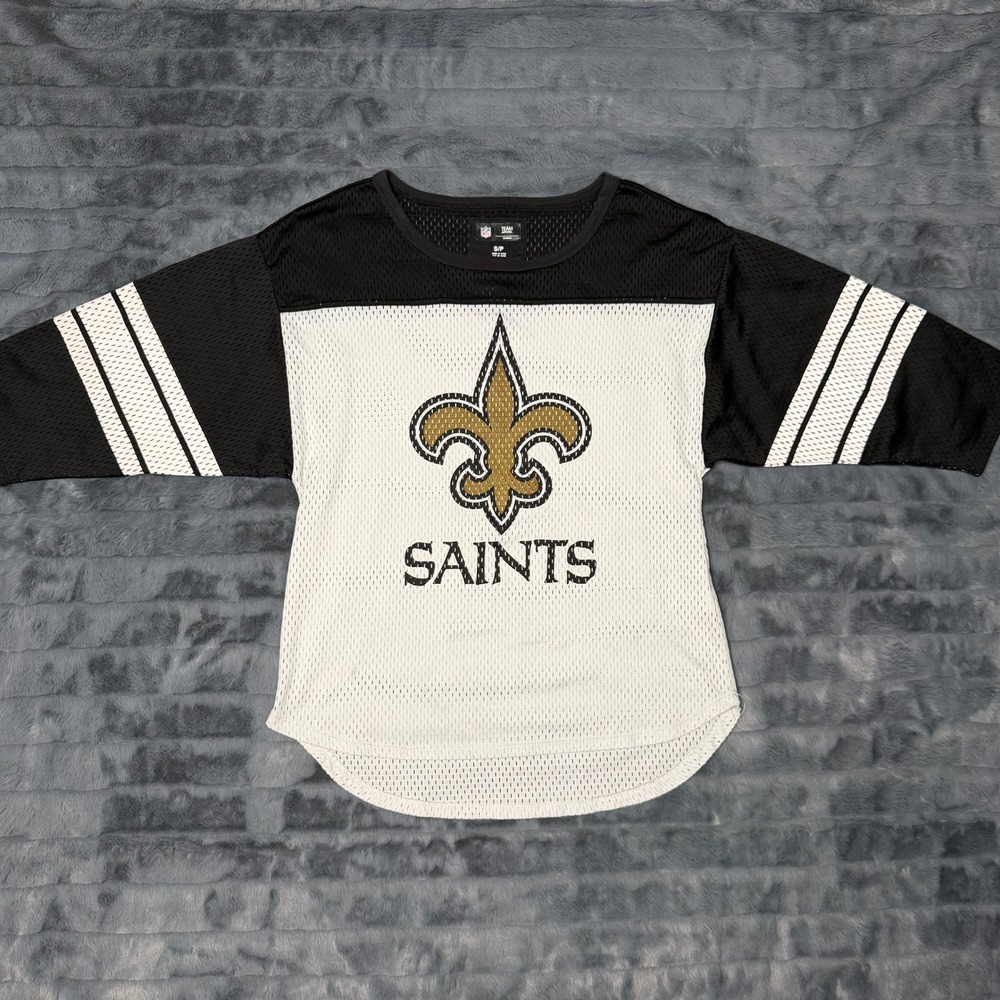 NFL Team Apparel New Orleans Saints Jersey Women Small White Black Mesh Top